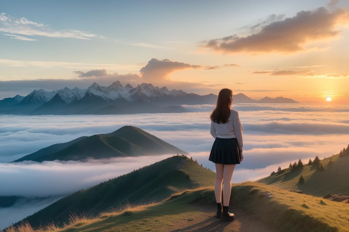 (Realistic:1.3), RAW photos, (Natural landscape photography), (Majestic Mountain々The highest point of, Sea of clouds), (On top of a very large mountain), (sunset), (A beautiful young woman in a short skirt stands looking at the view.),