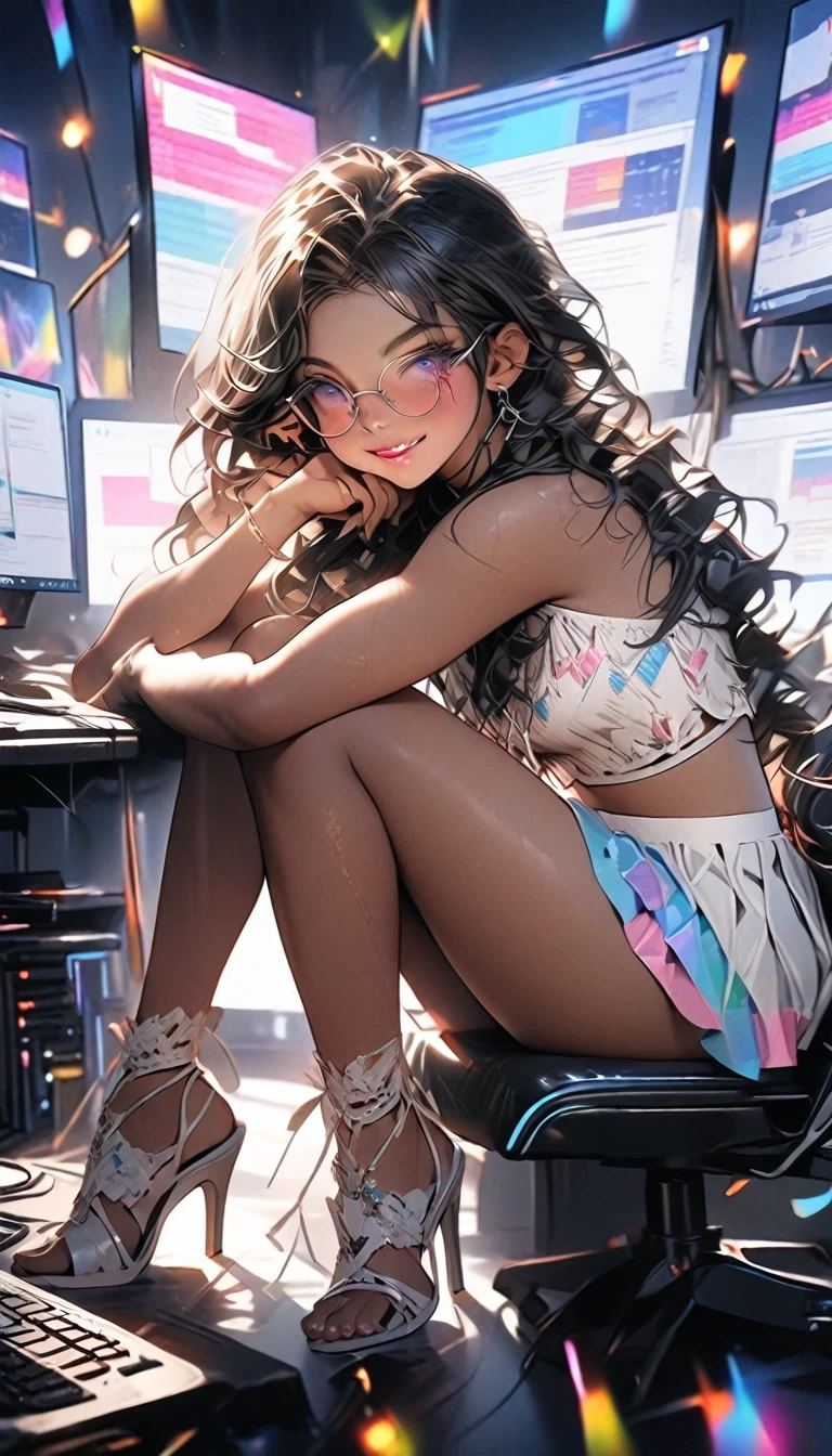 Adult transgender women. With a very short pleated miniskirt. Lace strapless cropped top. eye glasses. Rainbow eyes, showing the whole body, brown skin color, Black long hair. Clothes with the colors of the trans flag, blue pink and white. White lace under panties, Working on a computer station, sitting on chair, High heel silver sandals, Bedroom background. Long wavy hair. High quality. 4k, 8k, many details. Full body. Cute smille. Makeup. Masterpiece, accurate, anatomically correct, playing, detailed background, better quality, original work, cute eye glasses, 1 girl, slightly open legs