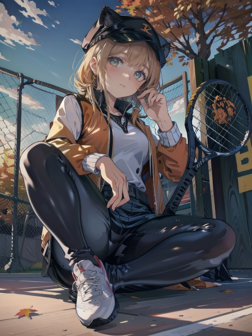 ((Best Quality))、((excellent))、(detailed)、8k、prompt: 「Talking about tennis while feeling the autumn wind」 「A sporty woman wearing a light autumn jacket and tennis shoes sits by the tennis court、Chatting with an orange tabby cat。A woman holds a tennis racket in one hand、He uses animated gestures to explain serving and volleying techniques.。Tabby cat sits in perfect posture、Autumn leaves rustling in the breeze、I am listening carefully。The setting sun shines golden、Colorful trees々and illuminates the conversation against the backdrop of an empty tennis court.。」、Conceptual Art、jpeg artifacts、First Person View、Close-up Cat、Ultra-high resolution、Anatomically correct、Attention to detail、超detailed