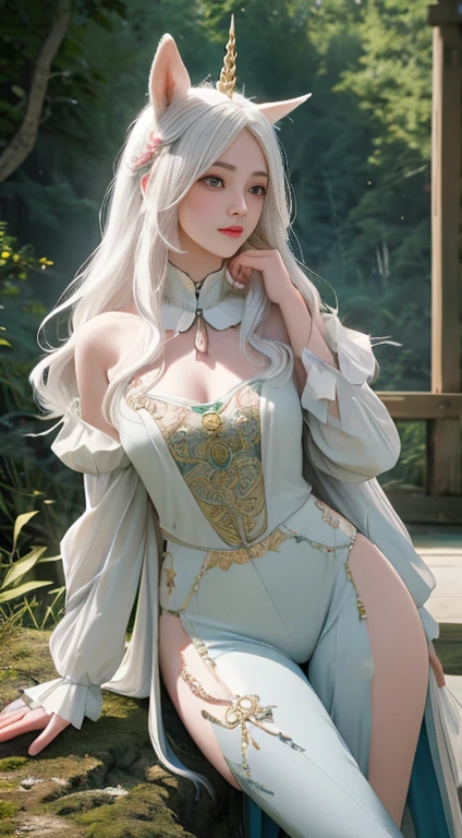 1 unicorn girl, long white hair, horse ears, yellow eyes, thin lips, round face, white skin, wearing short green archer outfit, large bust, wide hips, horse tail, horse thighs and legs, forest scenery surrounded by rocks, (best quality,4k,8k,highres,masterpiece:1.2),ultra-detailed,(realistic,photorealistic,photo-realistic:1.37),intricate details,hyper realistic,cinematic lighting,vibrant colors,fantasy,magical realism