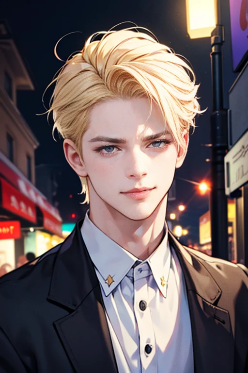 (tmasterpiece, high resolution, ultra - detailed:1.0), (1 boy, Young male, masculine face), Perfect male body, tall and strong, Adult male, Delicate eyes and delicate face, Extremely detailed CG, Unity 8k wallpaper, Complicated details, Detailed face, (blond hair, messy hair, serious faces, white shirts,Bad students), (frown,evil smile:1.3), Outdoor, (Street at night), street style, color difference, Depth of field, dramatic shadow, Ray tracing, Best quality, Cinematic lighting, offcial art,Portrait