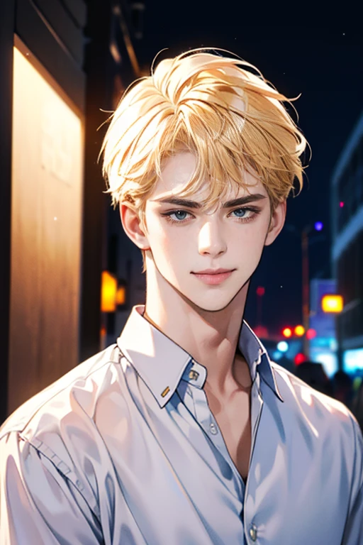 (tmasterpiece, high resolution, ultra - detailed:1.0), (1 boy, Young male, masculine face), Perfect male body, tall and strong, Adult male, Delicate eyes and delicate face, Extremely detailed CG, Unity 8k wallpaper, Complicated details, Detailed face, (blond hair, messy hair, serious faces, white shirts,Bad students), (frown,evil smile:1.3), Outdoor, (Street at night), street style, color difference, Depth of field, dramatic shadow, Ray tracing, Best quality, Cinematic lighting, offcial art,Portrait