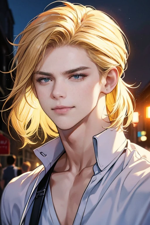 (tmasterpiece, high resolution, ultra - detailed:1.0), (1 boy, Young male, masculine face), Perfect male body, tall and strong, Adult male, Delicate eyes and delicate face, Extremely detailed CG, Unity 8k wallpaper, Complicated details, Detailed face, (blond hair, messy hair, serious faces, white shirts,Bad students), (frown,evil smile:1.3), Outdoor, (Street at night), street style, color difference, Depth of field, dramatic shadow, Ray tracing, Best quality, Cinematic lighting, offcial art,Portrait