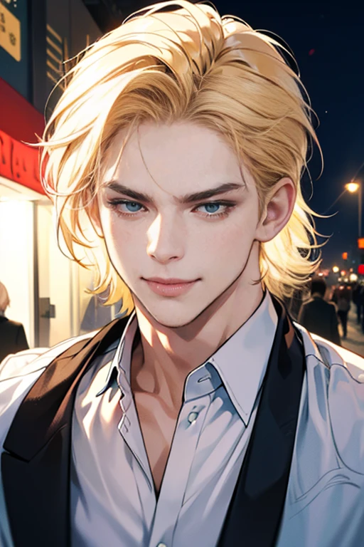 (tmasterpiece, high resolution, ultra - detailed:1.0), (1 boy, Young male, masculine face), Perfect male body, tall and strong, Adult male, Delicate eyes and delicate face, Extremely detailed CG, Unity 8k wallpaper, Complicated details, Detailed face, (blond hair, messy hair, serious faces, white shirts,Bad students), (frown,evil smile:1.3), Outdoor, (Street at night), street style, color difference, Depth of field, dramatic shadow, Ray tracing, Best quality, Cinematic lighting, offcial art,Portrait