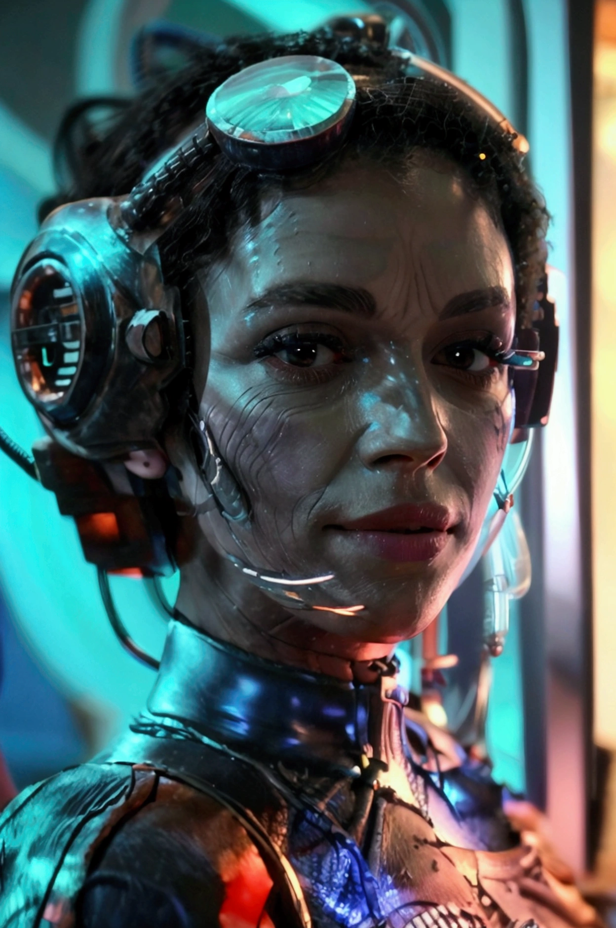 a black woman wearing a blue stormtrooper-like uniform, veins visible on her skin, with a cybernetic eye patch and cables attached to her body, glowing luma lights, inspired by the character Rosalina, highly detailed facial features, including eyes and lips, metal textures, in a sci-fi setting, with glowing lights, in the artstyle of jamesdaly