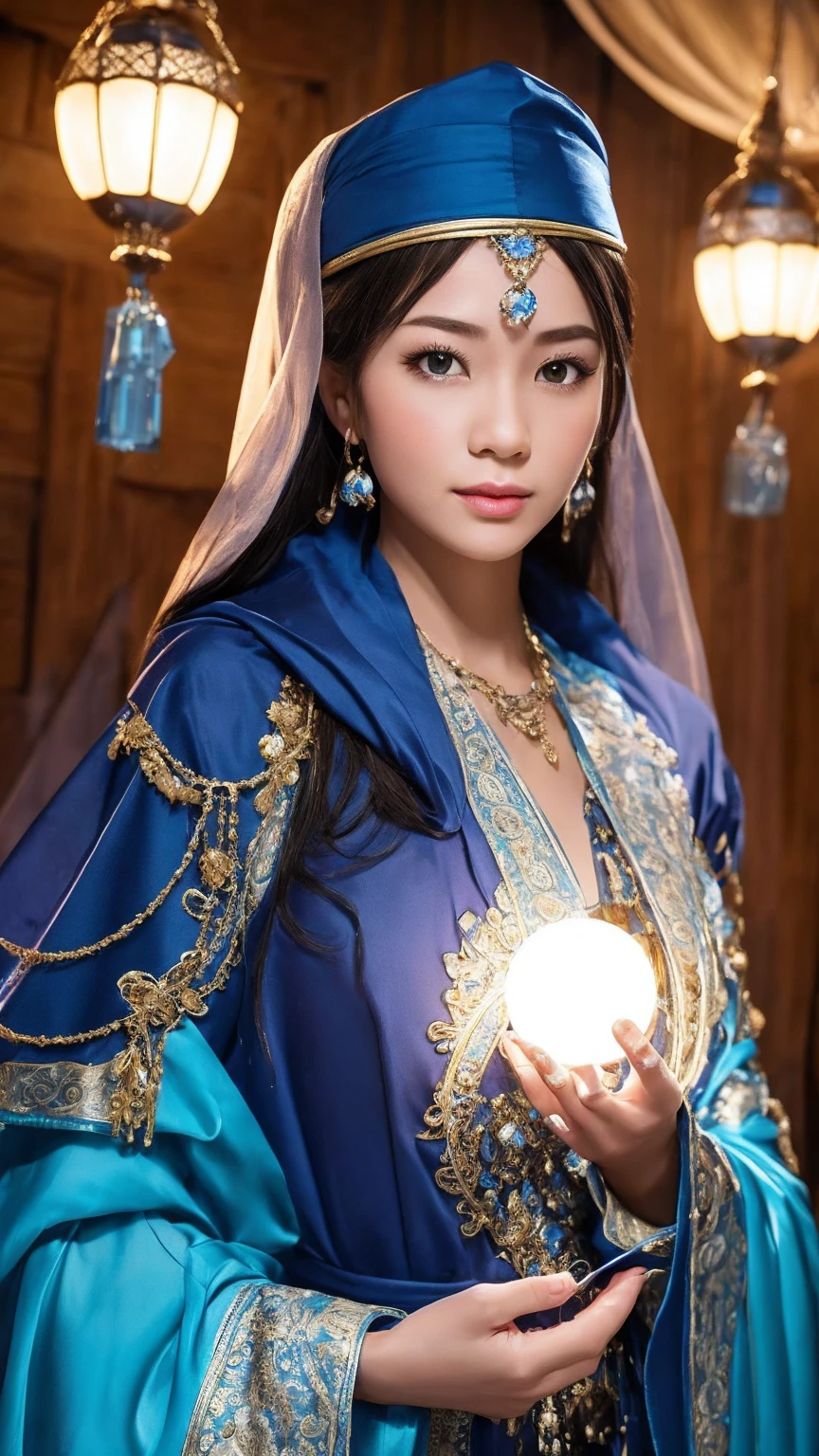 Female fortune teller. charming, beautiful, And mysterious. She wore a blue coat and had a distinctive appearance.. front. The atmosphere looks bright and sparkling., Filled with anxiety and expectations. There is a fortune teller standing there.. Forward facing body. He's watching you.. He has a crystal ball in his right hand.. The interior is brightly lit with light., Create a magical atmosphere. Best image quality, 4K or 8K resolution. The level of detail is very detailed and realistic., Close to realism with lighting. The art style should reflect a formal aesthetic with bright colors and strong contrasts.. จานสีควรเน้นธีมลึกลับAnd mysteriousของงาน. The fortune teller&#39;s robe has a metal edge with a thickness ratio of 1..5 and detailed design. The overall atmosphere is magical., Like a sky full of stars. The fortune teller&#39;s expression evokes mysterious interest.. Please take the photo from the front.