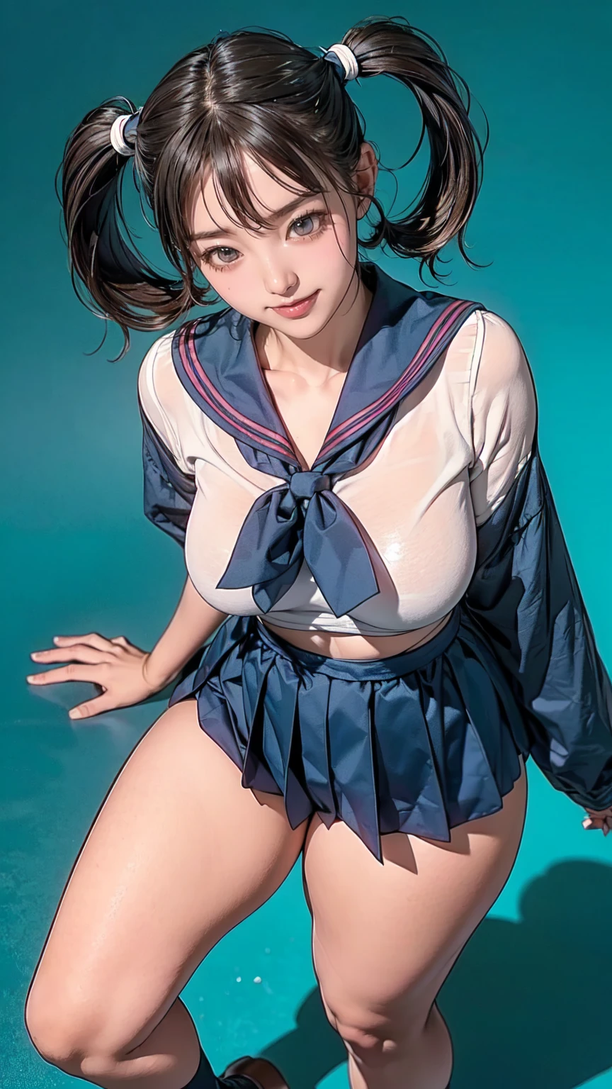 Realistic、Best Quality、Highest quality、Anatomically correct、Accurate Anatomy、Blue blank background、Shot from above、Photographed from the waist up、A cute Japanese woman is standing in front of me.、A smile from the heart、(Japanese schoolgirl、Sailor suit:1.3)、(Twin tails:1.3)、(Thick thighs:1.3)