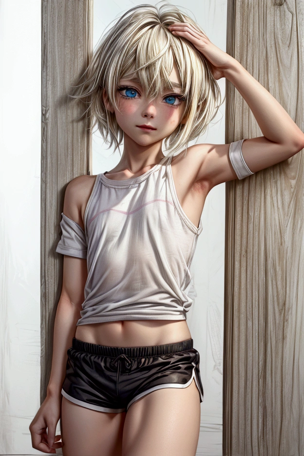 Anime style, Highres, Masterpiece, Best quality at best, Best Quality, hight quality, hight detailed, 1boy, blonde boy, boy body, cute boy, femboy, female physiognomy, detailed light blue eyes, short hair, messy hair, bangs, pastel rainbow inner hair color mesh, shy smile, boy making victory sign with two hands posing, front view, looking at viewer, wears a too short black tshirt, boy chest, bare shoulders, bare sleeves, bare arms, black dolphin shorts, (tiny bulge on shorts), beautiful legs, white stockings over knee, black sports shoes with pink stripes, boy body, Standing, sunny afternoon on the street, highest quality,