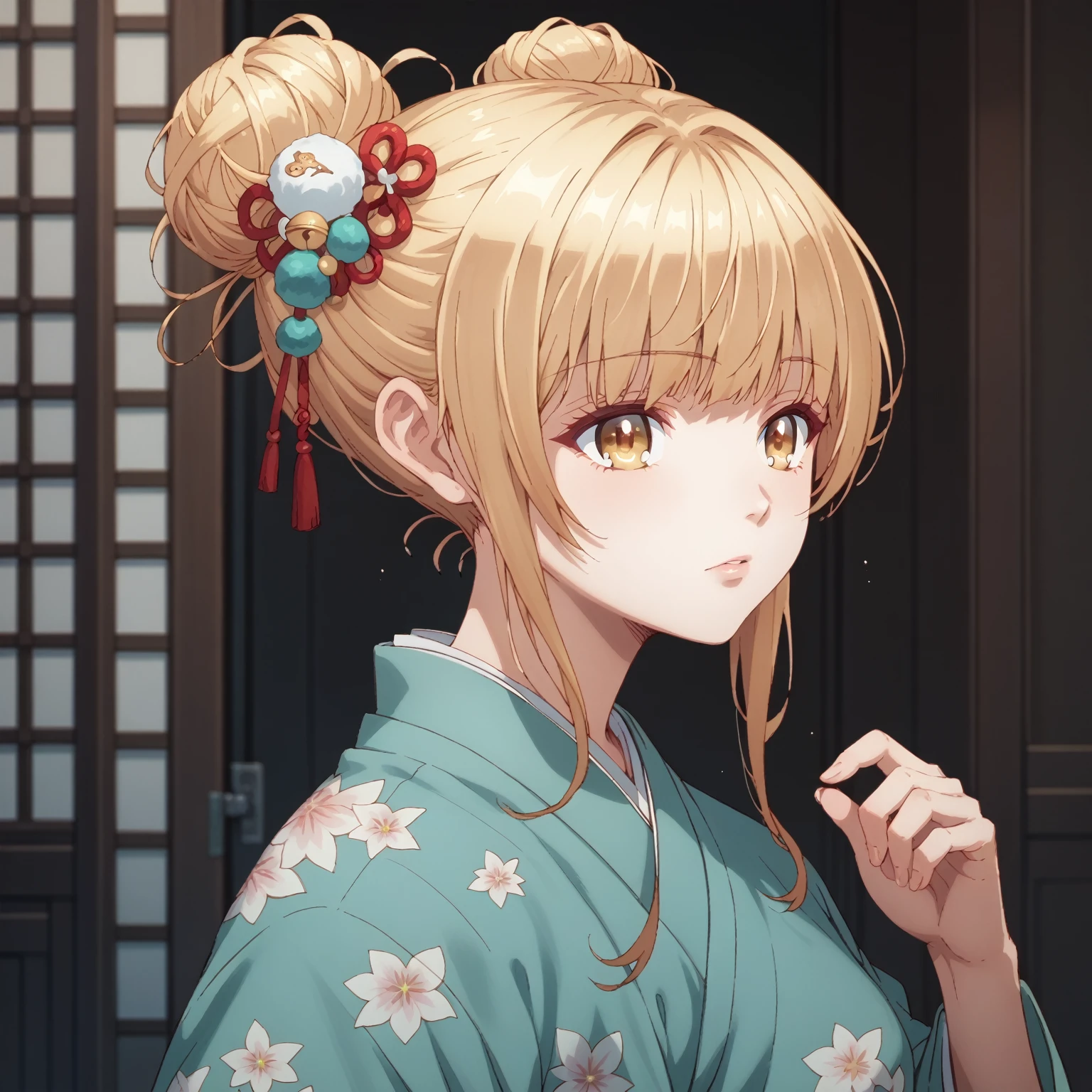 solo,
MahiruShiina,1girl,blonde hair,single hair bun,
hair_ornament,print_kimono,