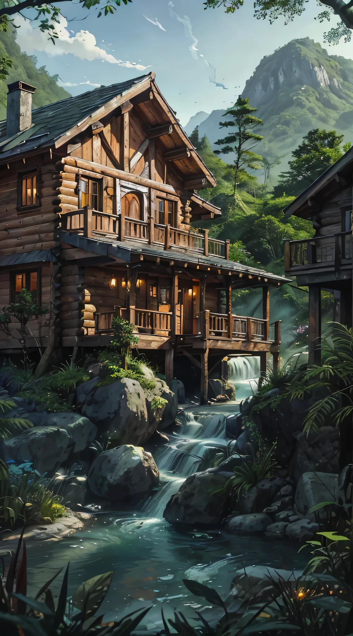 there are two wooden cabins sitting on the side of a mountain, amidst of nature fully covered, wooden cottage, stream flowing through the house, luxurious wooden cottage, very close to real nature, peaceful environment, cottages, wooden house, integrated in the mountains, peaceful wooden mansion, wooden houses, peaceful ambience, ❤🔥🍄🌪, serene environment, grin face, young, (Masterpiece), ((Blue skin)), (best detail), digital art, (best qualtiy), Cinematic texture, ((Avatar style)), beautiful pupil, The background is jungle, the rainforest, big leafs