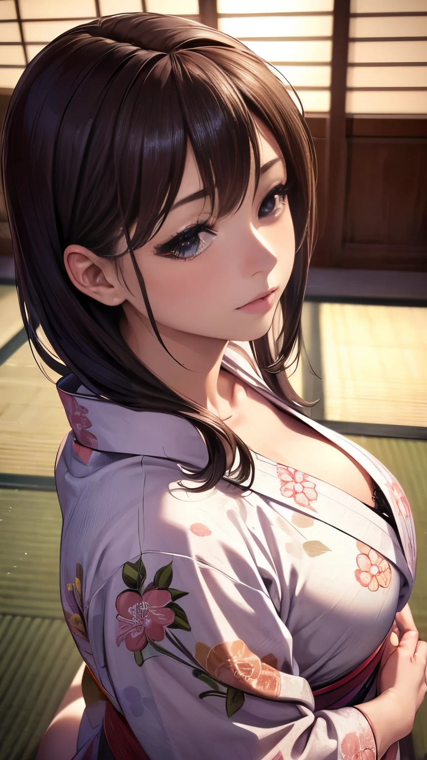 Beautiful woman in floral ((yukata)), Small, You can see the bra, Beautiful face, Strong-willed eyes, Medium long, brown haired, Tatami room, traditional Japanese room, 8K picture quality, Best Quality, masterpiece, super A high resolution, (Photorealistic:1.4), (Raw photo), High quality drawings, An ultra-high picture quality, ultra-quality, ultra-fine drawing, ultra-detailliert, Extremely detailed, Finely detailed, Realistic, Beautiful, Supreme Beauty, dark colored, natural soft light, Ultra-delicate images, Ultra-detailed details, Best Shots, The whole picture, Best Quality,
