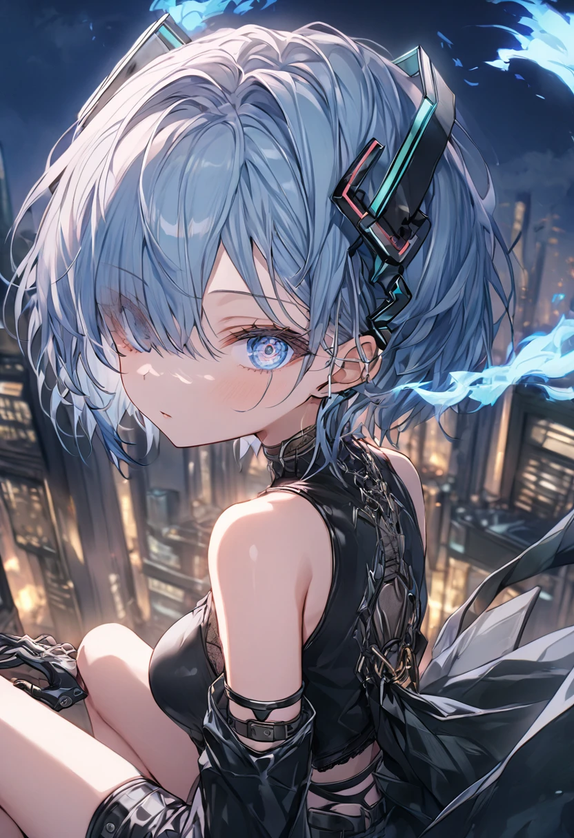 (uncensored), score_9, score_8_up, score_7_up,source_anime, high quality, exceptional, best quality, perfect hand, 1 girl, (solo), side view, detailed face, detailed eyes, ((her right eye is glowing, blue fire)), (((short hair))), (dark), ((grey crop top)), ((black g-string panties)) , (middle size breasts), ((designed black jacket)), (((short pants))), ((leather gloves, her hand have cyberpunk swords)), ((sitting on the edge of a building, night)), hatsune miku, no hair clip, thin light blue hair, blue eyes visible through hair, glowing eye, (cyberpunk), steampunk near future city, a lot of building