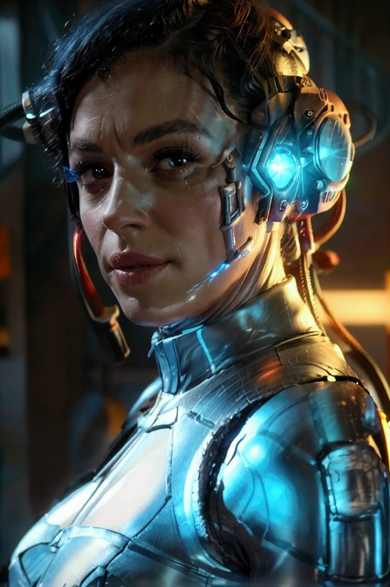 a black woman wearing a blue stormtrooper-like uniform, veins visible on her skin, with a cybernetic eye patch and cables attach...