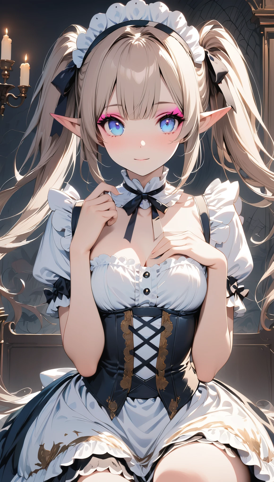 ((masterpiece )), (Best Quality), (Best Quality), ((Very detailed, 8K quality)), aesthetics, Volumetric lighting, (Detailed line drawing), 
break, 
Very detailed (Elf), (One girl), Perfect Face, Details, Double Pigtails, Blunt bangs, (Hair between the eyes), Gray Hair, blue eyes, eyelash, Eyeshadow, pink Eyeshadow, A light smile, Design art by Artgerm, by Kawashi, By Yoshitaka Amano,
break,
Portraiture, French maid dressed in French maid uniform, Victorian Goth Maid, Head ornament, indoor, ((Antique Victorian Mansion)), Dusty, dim, Candle holder, Covered in spider webs, Cowboy Shot, Dynamic Angle, Side table, Swing your legs, [Sleepy eyes, Tired look, Extreme boredom, View your viewers, Place your chin on your hand, (Graphic Background, (Plain background)), Correct Anatomy, Yoshitaka Amano, Webbed Tech, A blurry, organic web, eroguronansensu, Horror, goat, Gothic art style,
break, 
((Perfect Anatomy)), Nice body, Mid-chest, Very detailed指, The best move, Perfect Face, Beautiful Face, Beautiful Eyes, Perfect Eyes, Perfect Fingers,