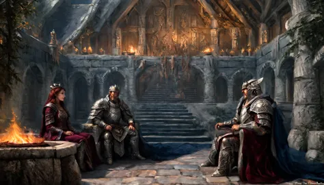 in the heart of the grand throne room, reminiscent of dragonsreach in whiterun, the flickering light of torches casts long shado...