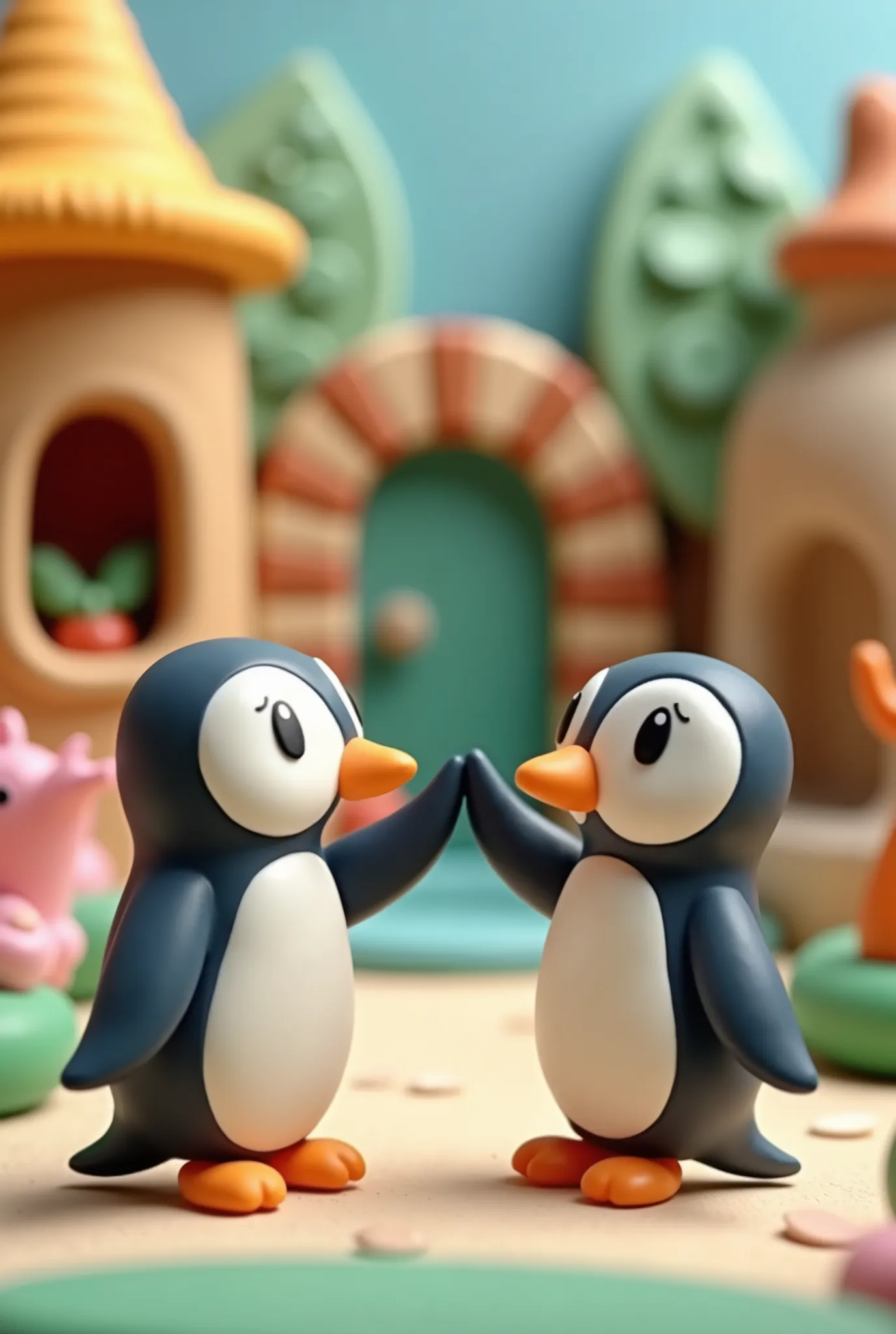 kawaii clay animation style, penguin and zookeeper high-five, clay, frame by frame