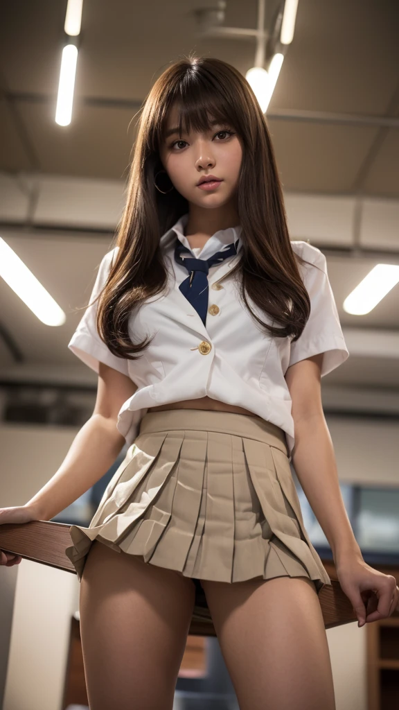 Product quality,1 girl,(Shooting from below:1.4),(Thigh Emphasis:1.4),Young and pretty girl in Japan,Daytime, (High school classroom:1.2),(Short sleeve shirt:1.3),(Schoolgirl uniform:1.3),(blazer:1.3), (Ultra mini pleated skirt in white:1.5),(Skirt Lift,No pants:1.6),Very cute face,Glossy Lips,Beautiful big eyes,Brown eyes,Double eyelids on both eyes,(Natural Makeup),shiny smooth light brown long hair,,,,Asymmetrical bangs,Floating Hair NovaFrog Style,Center image,8k resolution,Attention to detail,Detailed hairstyle,Detailed face,Cinema Lighting,Octane Rendering,Ultra-realistic,Perfect limbs,Beautiful feet,Voluptuous thighs,Huge breasts,Perfect Anatomy,Spread your legs,(Provocative dynamic pose:1.3)