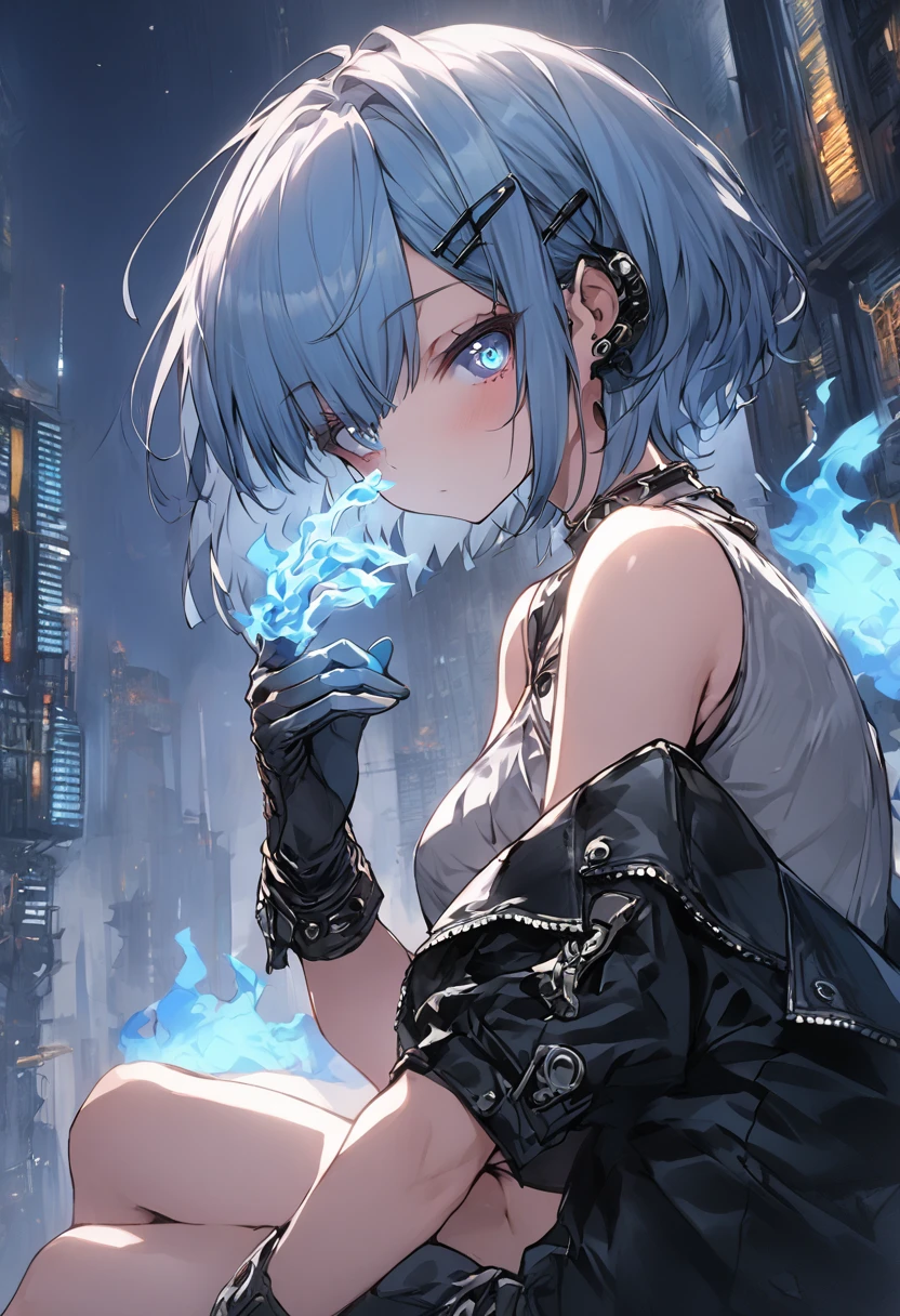 (uncensored), score_9, score_8_up, score_7_up,source_anime, high quality, exceptional, best quality, perfect hand, 1 girl, (solo), side view, detailed face, detailed eyes, ((her right eye is glowing, blue fire on her hand)), (((short hair))), (dark), ((grey crop top)), ((black g-string panties)) , (middle size breasts), ((designed black jacket)), (((short pants))), ((leather gloves)), ((sitting on the edge of a building, night)), hatsune miku, no hair clip, thin light blue hair, blue eyes visible through hair, glowing eye, (cyberpunk), steampunk near future city, a lot of building