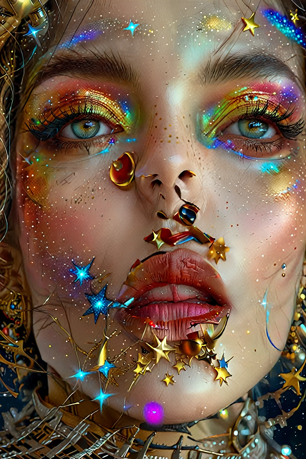 a woman in space, floating among stars, highly detailed face and expression, beautiful detailed eyes, beautiful detailed lips, extremely detailed eyes and face, long eyelashes, digital art, surreal, cinematic lighting, vibrant colors, 8k, hyper realistic, photorealistic, award winning, masterpiece, intricate details