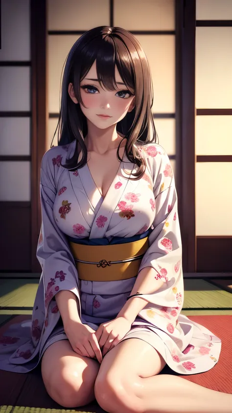 beautiful woman in floral ((yukata)), small, you can see the bra, beautiful face, strong-willed eyes, medium long, brown haired,...