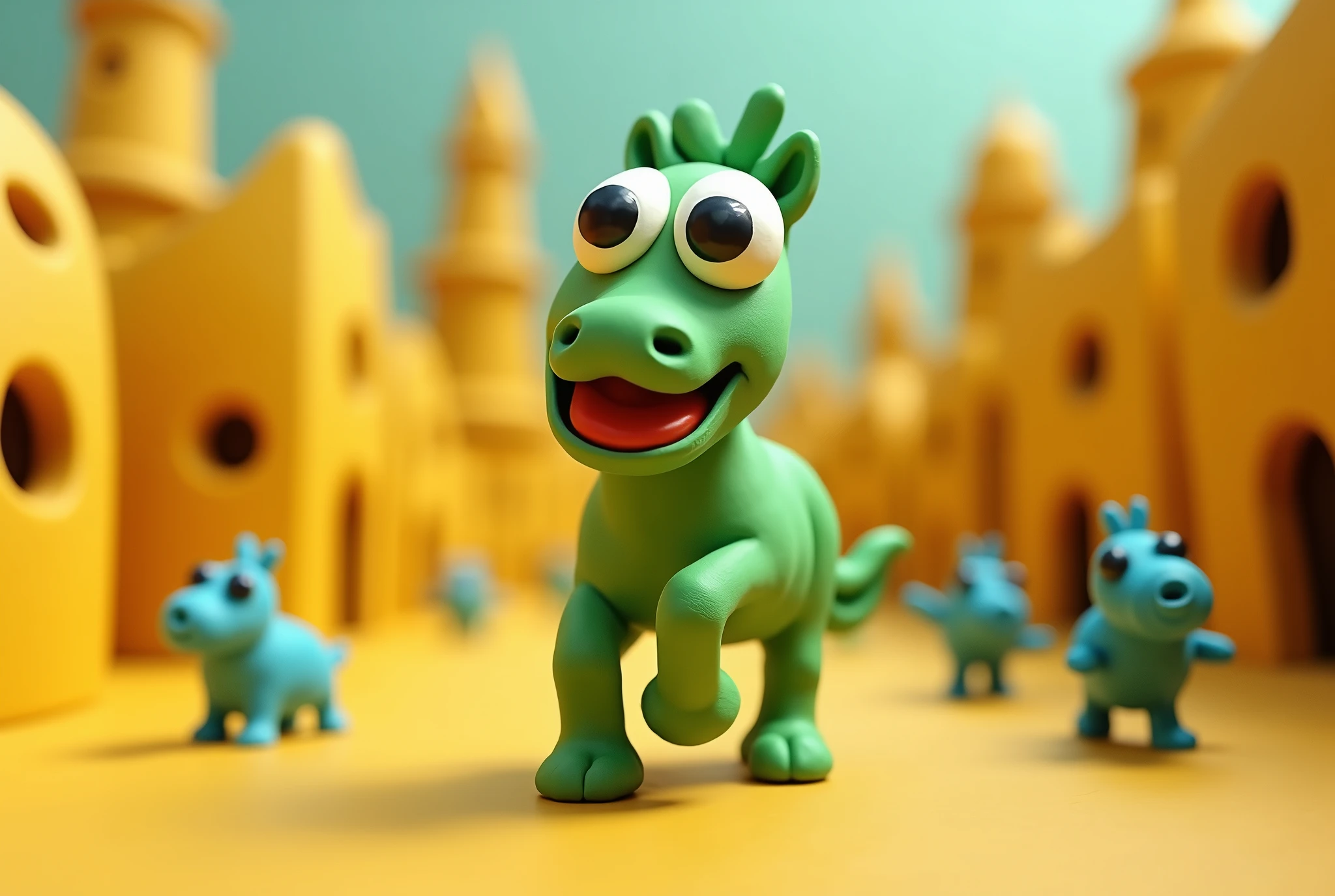 (clay animation) a green claymation horse (red lips, over large eyes), happily prences through a yellow crudely molded clay city. Blue claymation people )crudely formed) go about city life
