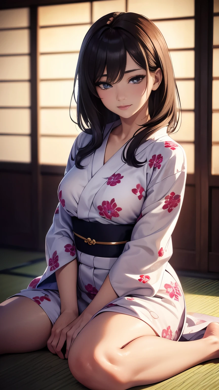 Beautiful woman in floral ((yukata)), Small, You can see the bra, Beautiful face, Strong-willed eyes, Medium long, brown haired, Tatami room, traditional Japanese room, 8K picture quality, Best Quality, masterpiece, super A high resolution, (Photorealistic:1.4), (Raw photo), High quality drawings, An ultra-high picture quality, ultra-quality, ultra-fine drawing, ultra-detailliert, Extremely detailed, Finely detailed, Realistic, Beautiful, Supreme Beauty, dark colored, natural soft light, Ultra-delicate images, Ultra-detailed details, Best Shots, The whole picture, Best Quality,
