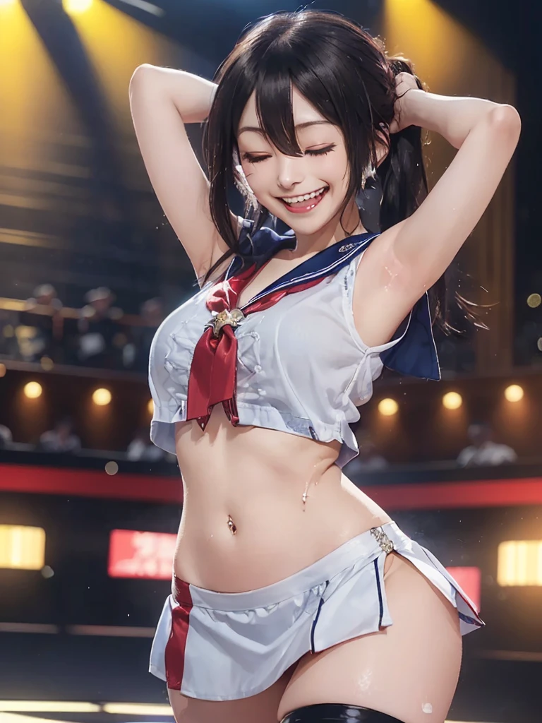 (masutepiece:1.2), (Best Quality:1.2), (high resolution:1.2), (anime style:1.0), 
1girl, standing, (cowboy shot:1.8), (sailor uniform:1.0), (bare navel:1.2), mini skirt, (arms behind head:1.5), (dancing:1.8), (girl shaking her ass violently:1.2),
(mean smile:1.2), (ahegao:1.2), (erotic smile:1.5), (Lewd smile:1.5), (slut:1.2), (open mouth wide:1.2), (Smile with long tongue:1.2), (steam:1.2), (blush:1.2), (ecstasy:1.2), (orgasm:1.2), 
(drunken eyes:1.5), (half closed eye:1.5), (sanpaku:1.5), (slit eyes:1.2), (eyes are smiling:1.3), (smiling or laughing eyes:1.3), Live Stage, (dark:1.5), spotlight, 