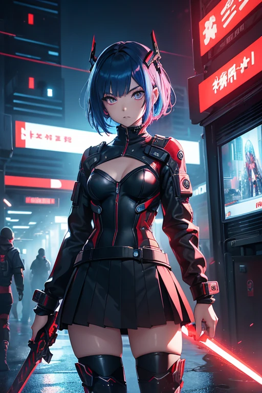 1girl, short, kawai face, (red detalied eyes), electric blue hair, short hair, small chest, ((cyberpunk tight clothes, red clothes, tech clothing, skirt, combat boots)), Blade runner Style, night neon city background, Big eyes, good lighting, lam-style, Top-quality, extreme detail, ( Perfect chest, perfect hands, complete fingers, perfect eyes), ( Detail eyes: 1.5), Full body ,--ar 4:3, ( Solo), anime, ( Digital Painting, Hyperrealistic Style), ( Twin sabers sword strapped to the back), professional artwork, dark Ambient, 1, cool beauty, 8k. professional 