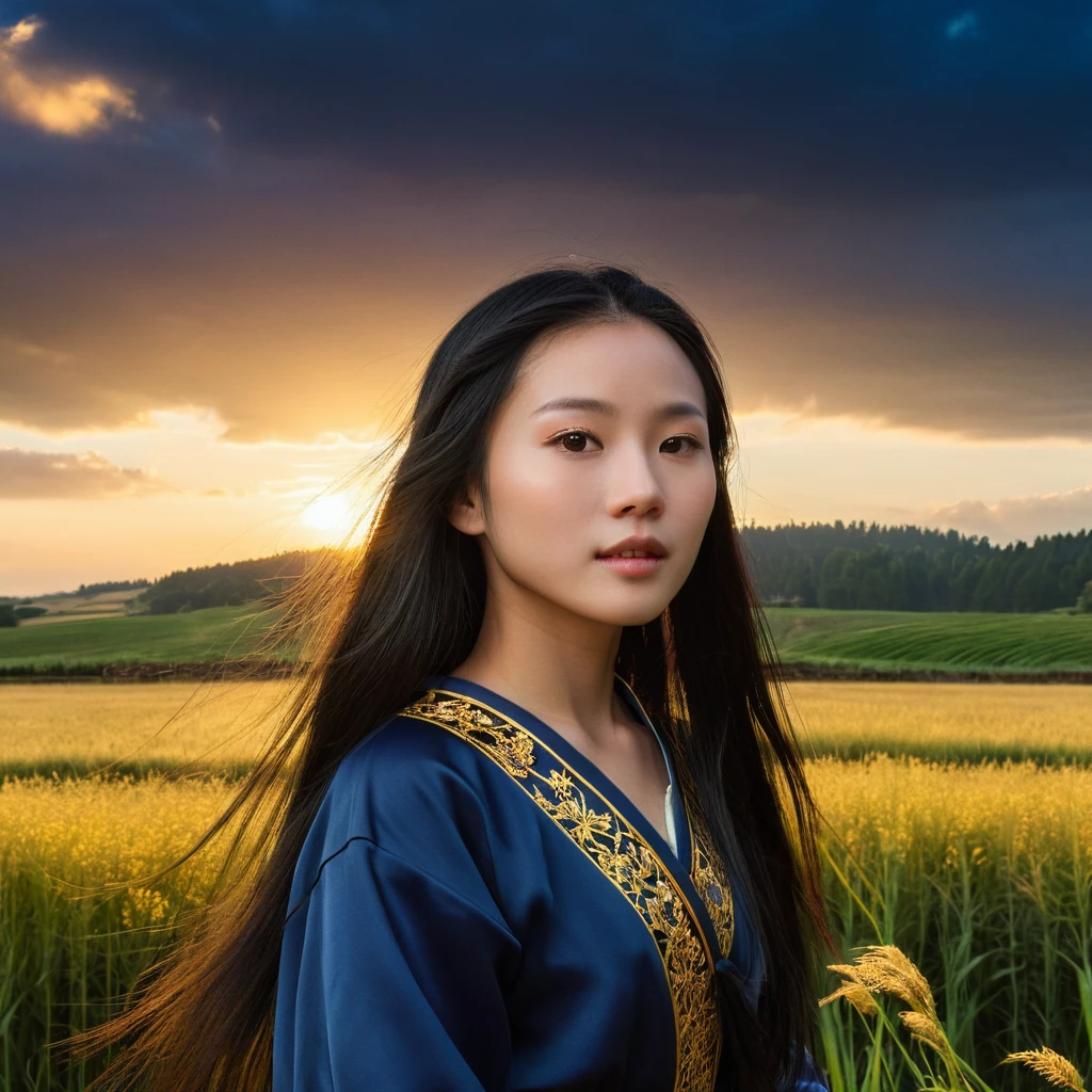 (Realisticity: 1.3), Fine, Quality, Rembrandt Lighting, (Masterpiece: 1.2), (Realisticity: 1.2), (Best Quality), (Skin Details: 1.3), (Intricate Detail), Dramatic, Idyllic, Ray Tracing, 1girl, Chinese Yellow Girl, Long Black Hair, 2, Modern Clothing (Meadow, Sun, Clouds, Fields, Farms, Starlight, Trails)  