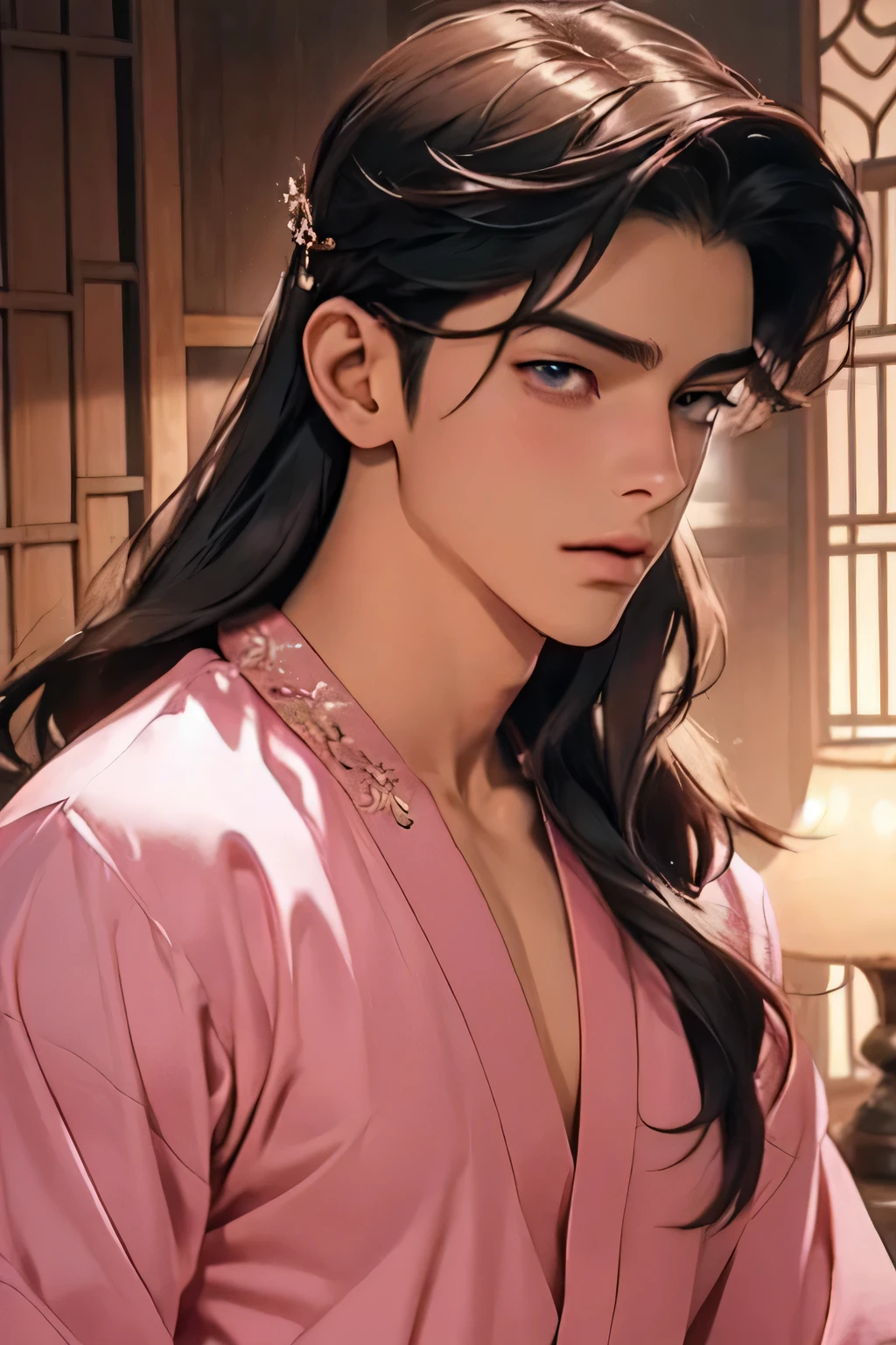 handsome youngman,apsara pink clothes,ornamental feminine big hairpins,concubine,sexy,muscular,Gorgeous eyes,datailed face,twink,BAREFACE,one man,natural gaze, full torso,oriental,ultra realistic,ultra-detailed,(beautiful detailed face and eyes and hair:1.1),long hair