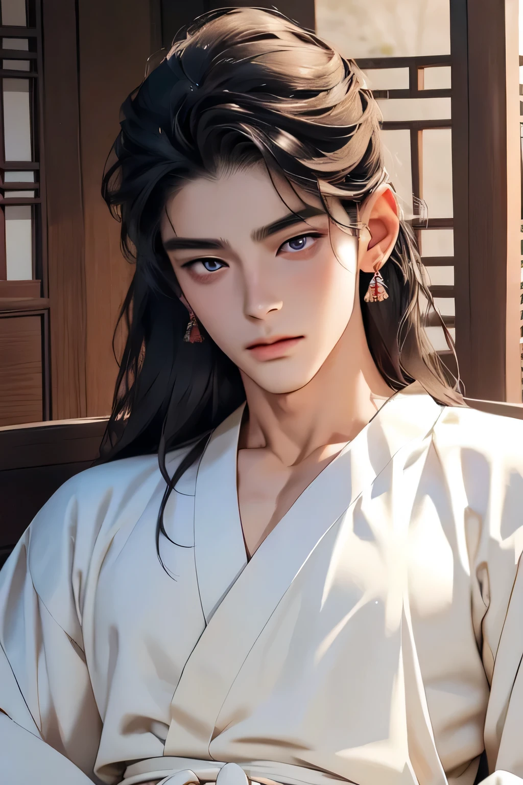 handsome youngman,apsara,ornamental hairpin,concubine,beautiful traditional Korean clothing,sexy,muscular,Gorgeous eyes,datailed face,twink,BAREFACE,one man,natural gaze, full torso,Hanok garden,ultra realistic,ultra-detailed,(beautiful detailed face and eyes and hair:1.1),long hair,little sad