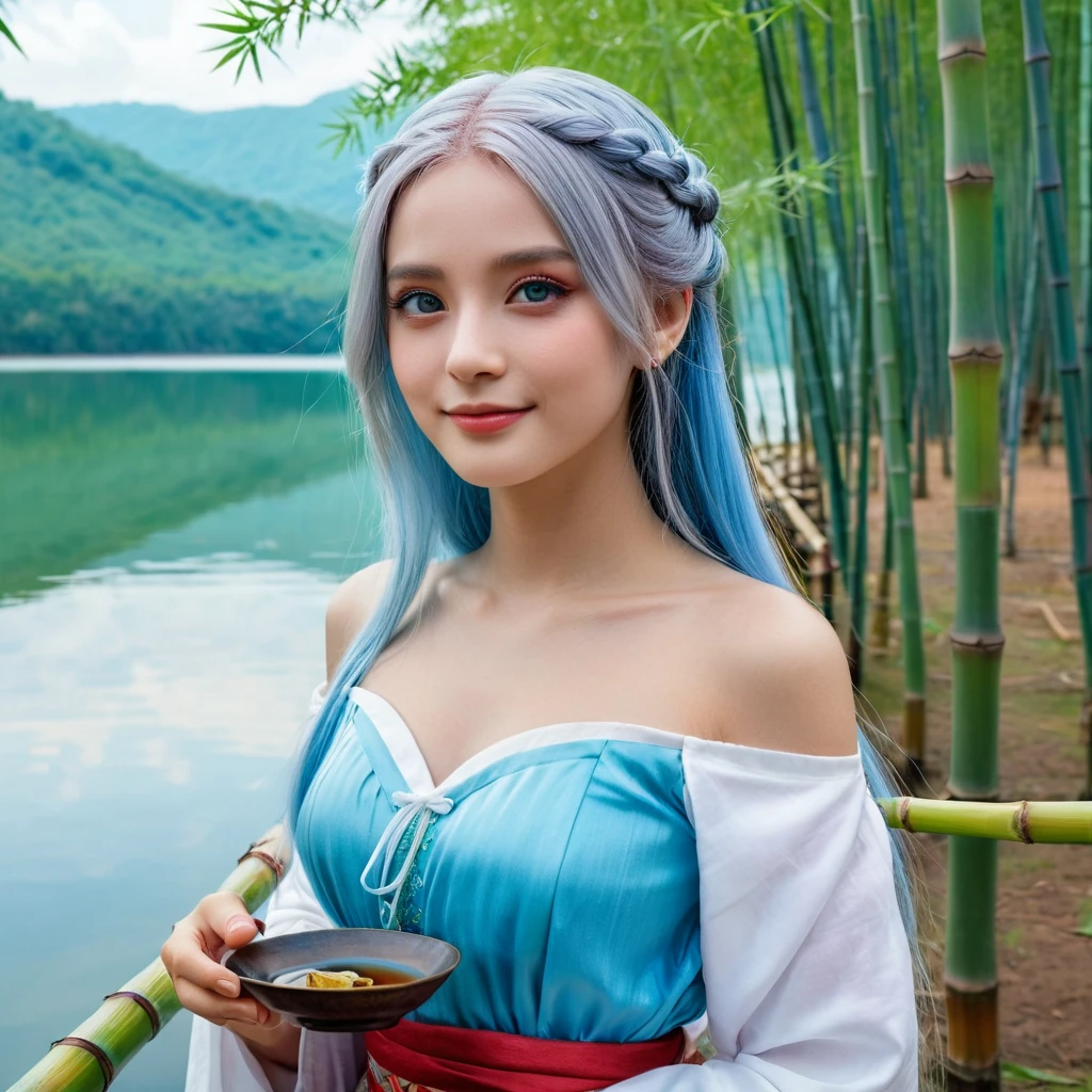 Masterpiece, Best Quality, Official Art, 8k Wallpaper, Very Detailed, Illustration, 1 Girl, Sky Blue Hair, Long Hair, Detailed Eyes, Forrest Gump, Bare Shoulders, Hanfu, Lake, Pure, Soft Smile, bamboo, tea