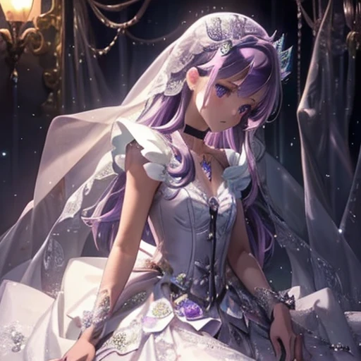 ((Full body drawing)), (bright, Perfect Face,) 1 Girl, high school student, Small breasts, Pretty Cure, White skin, Purple Hair, Distinctive long hair, Dark Purple Rose, White Veil, Dark purple eyes, Dark purple choker, White Wedding Dress, Green heart ornament, Original Design, Cure Moonlight, silver, moon, beautiful, Princess, Royal, cute, Cool look, kind, Soft, pastel, Looking at the camera, Front facing, Front Light, night