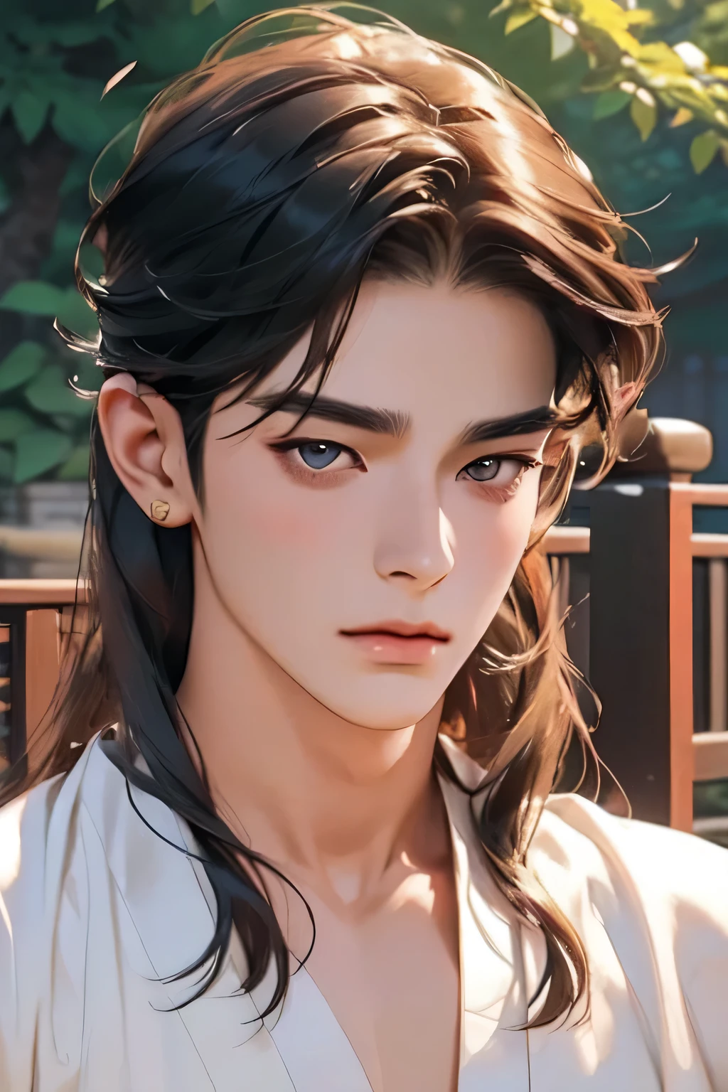 handsome youngman,apsara accessories, concubine,beautiful traditional Korean clothing,sexy,muscular,Gorgeous eyes,datailed face,twink,BAREFACE,one man,natural gaze, full torso,Hanok garden,ultra realistic,ultra-detailed,(beautiful detailed face and eyes and hair:1.1),long hair,little sad