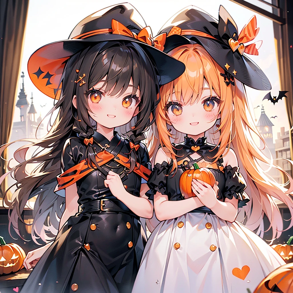 One girl、Perfect Anatomy、(((Super fine、Best Quality、masterpiece)))、Original cute hairstyle、Trick or Treat、Orange and original cute costume、Halloween、Orange and black palette、Happy smile、Heart-shaped picture frame、Big Pumpkin Hat、