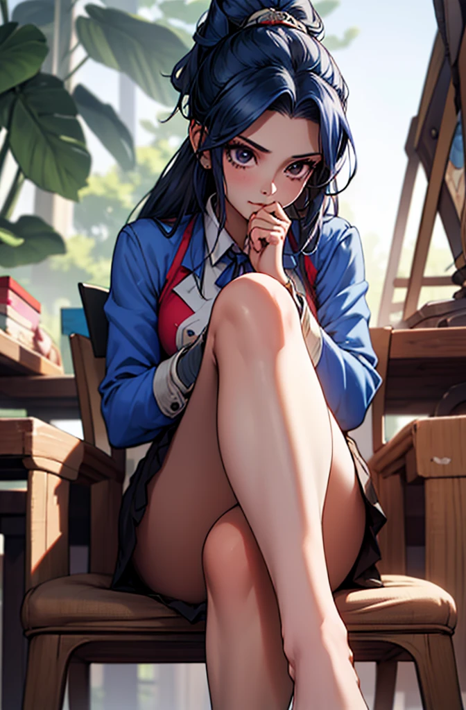 masterpiece, Best Quality, Very detailed,a woman with blue hair sitting on a desk, massurrealism, close-up on legs, jk uniform, extremely high detail!!, high-quality photo, nightcore, fully clothed. painting of sexy, Range Murata and Artgerm, juicy legs, wearing blue jacket, detailed!!!!!!!