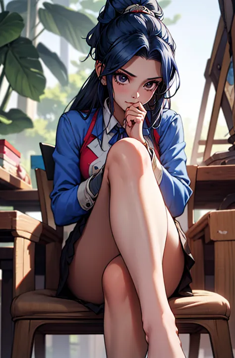 masterpiece, best quality, very detailed,a woman with blue hair sitting on a desk, massurrealism, close-up on legs, jk uniform, ...