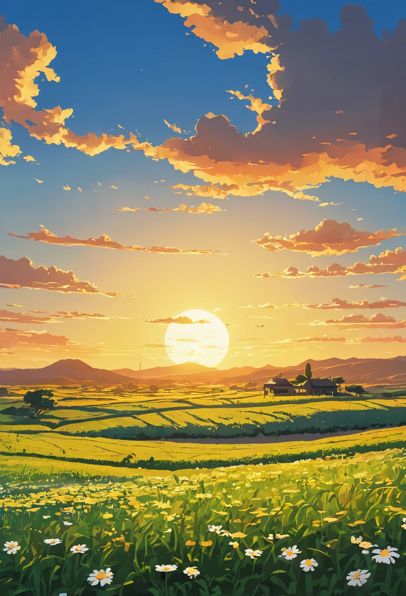 Draw a simple Tintin style art of a desert field with daisy flower plantation sunset bottom view of sun twilight hellish country house meadows sky!!!  clouds!! detailed in a field, anime nature, Makoto Shinkai!, anime beautiful peace scene, Anime Countryside Landscape, animated art background, Makoto Shinkai!!, anime movie background best of seaart hd 8k