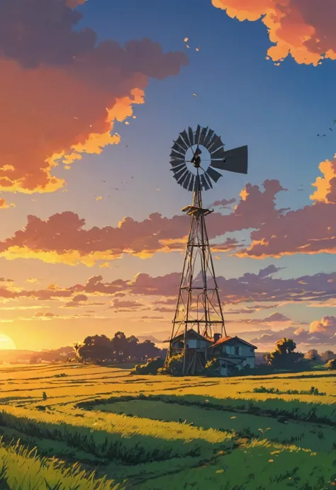 draw a simple tintin style art of a countryside lonely windmill clouds sunset view from below sun twilight hellish country house...