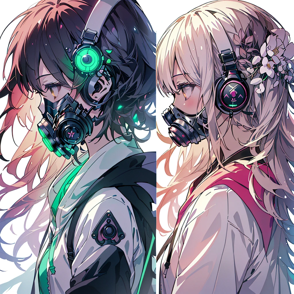 One girl,(((Highest quality、masterpiece、Official Art、Very detailed、Anime Style、Best dynamic composition、profile、Perfect Anatomy)))、 Headphones, Hoodie, Vibrant colors, neon, White Background、gas mask、Flower Hair Ornaments、
