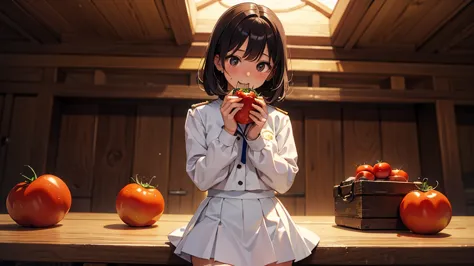 best quality、masterpiece、high resolution、cute girls、white uniform、mini skirt、eating a big red tomato