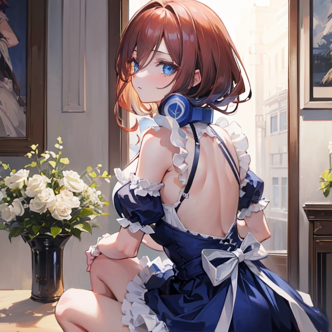 Beautiful girl, long eyelashes, Blue eyes, with headphones around the neck, Caramel colored hair (Dark) , (disheveled hair tilted to the left), FROM BACK, View from behind crouching, dressed as a maid, provocative. 