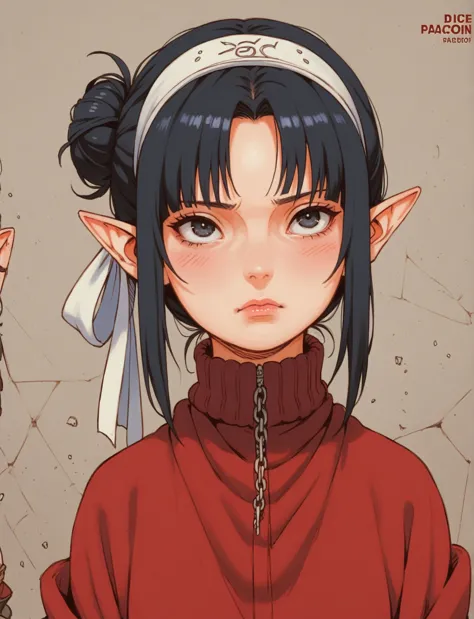 an anime character with a bow on her back, elf ears, a beautiful young girl with long black hair tied up in one single bun, wear...