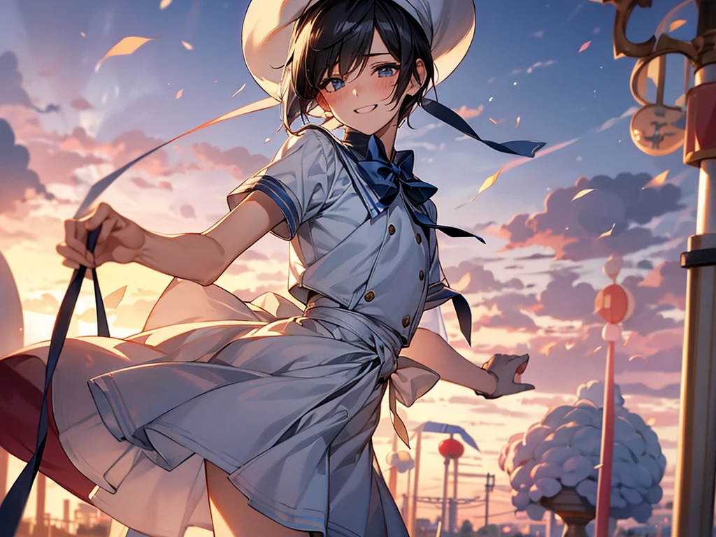 Best Quality, 1boy,Androgynous male,Flat Chest,Black Hair,Short Bob Cut,White and light blue sailor uniform,Hat with ribbon,Mini skirt dress,Ribbon on waist,Short sleeve,Laugh shyly, wind,smile,blush, Character Portrait, Photographed at an amusement park at sunset,Merry-go-round