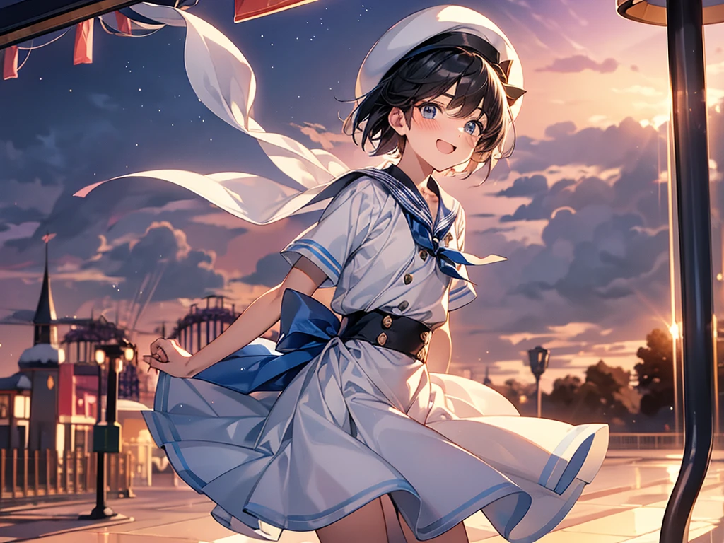 Best Quality, 1boy,Androgynous male,Flat Chest,Black Hair,Short Bob Cut,White and light blue sailor uniform,Hat with ribbon,Mini skirt dress,Ribbon on waist,Short sleeve,Laugh shyly, wind,smile,blush, Character Portrait, Photographed at an amusement park at sunset,Merry-go-round