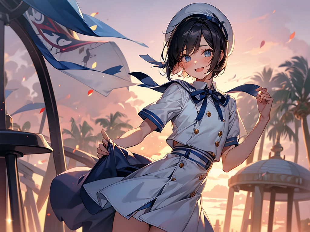 Best Quality, 1boy,Androgynous male,Flat Chest,Black Hair,Short Bob Cut,White and light blue sailor uniform,Hat with ribbon,Mini skirt dress,Ribbon on waist,Short sleeve,Laugh shyly, wind,smile,blush, Character Portrait, Photographed at an amusement park at sunset,Merry-go-round