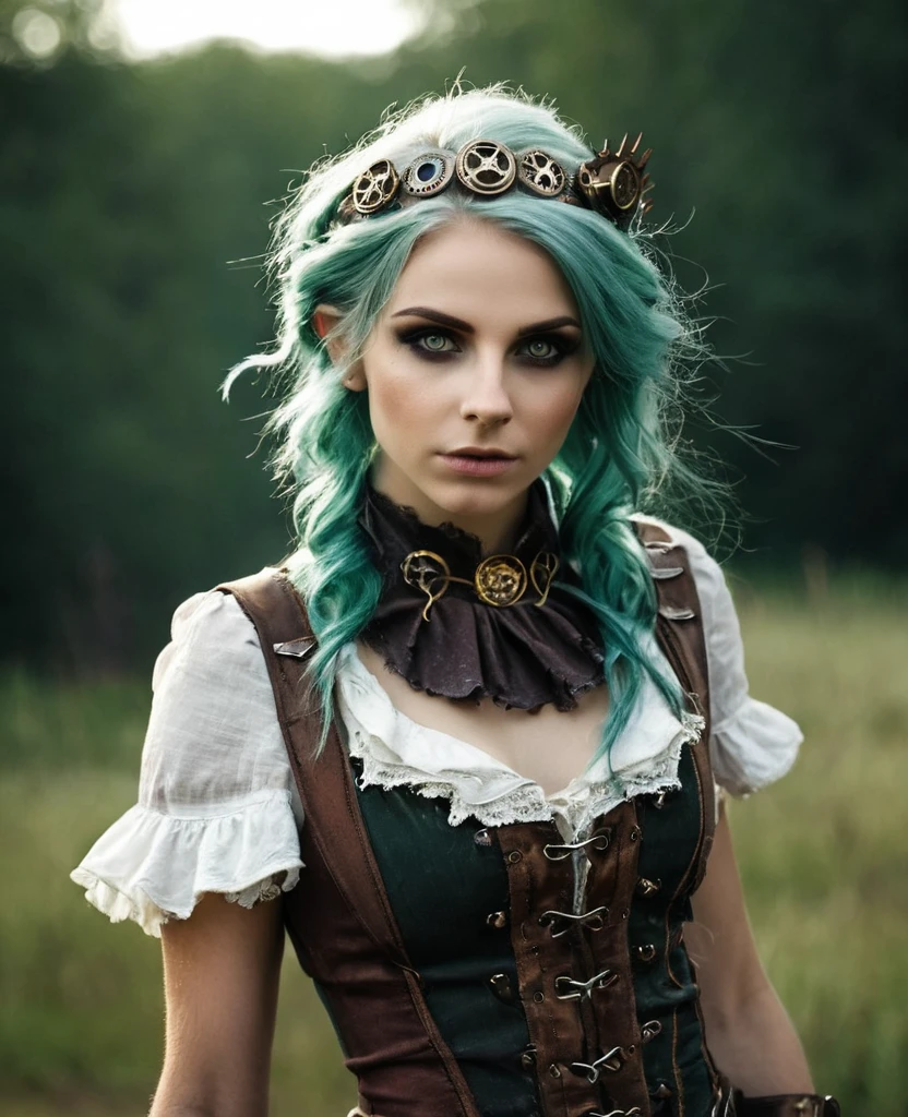 cute elf, (teenage elf  with extremely cute eyes)), (((elf))), ((((high resolution))), (((extremely detailed))), ((masterpiece)), has a Prussian/Slavic look with dark make-up,  dramatic shadows, depth of field, analog photo style, (world in which are collide steampunk and post-apocalyptic vibes), post-apocalyptic cute female in steampunk aesthetic, torn dirty clothes, depth of field, full body shot, unzoomed, (perfect body: 1.4), (sidecut short hairstyle), (stalking is quite common, although not the best way to make a living), stylized atmosphere of unreality, dark atmosphere, dynamic pose, in motion, Armageddon, increase cinematic lighting, highly lifelike skin texture, parted lips, weary eyes, fine eyes, whitened skin, random hair colour, doomsday aura