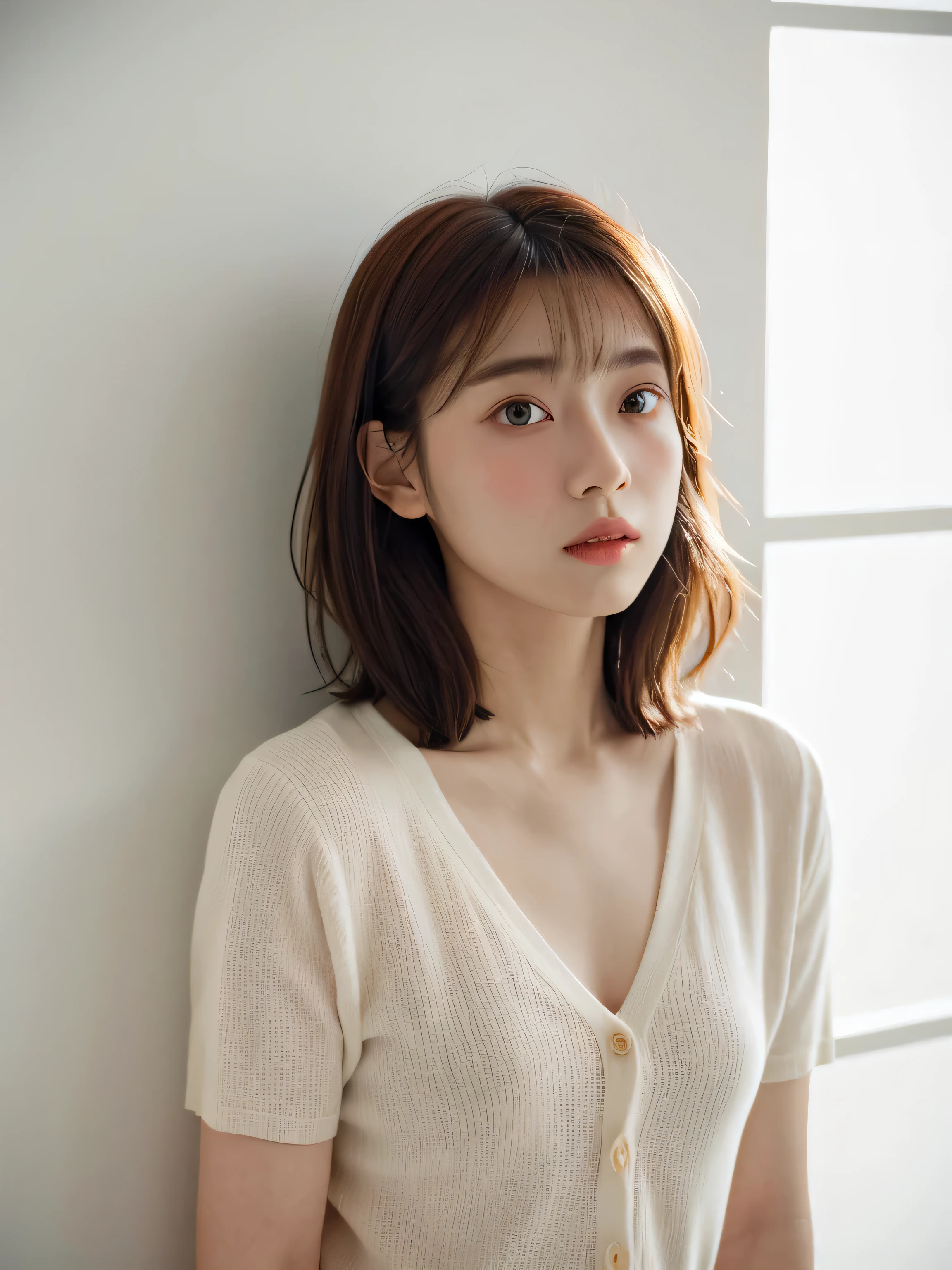 Short sleeve cardigan、Japanese woman in her 30s、(White wall in the background、Auburn hair color)、Photographed in front of a white wall、[profile、Layered Cut、Very delicate hair、(In a room with white walls and windows)、((Best Quality、8k、masterpiece:1.3))、Ultra-high resolution、(photoGenuineistic:1.4)、RAW Photos、Japanese,(Detailed aspects)、Genuine、Photographed in natural light、Highly detailed face and skin texture、Highly detailed lips、Normal state of the human body、Medium Hair、Black Hair、Mr.々A pose、Natural color lip