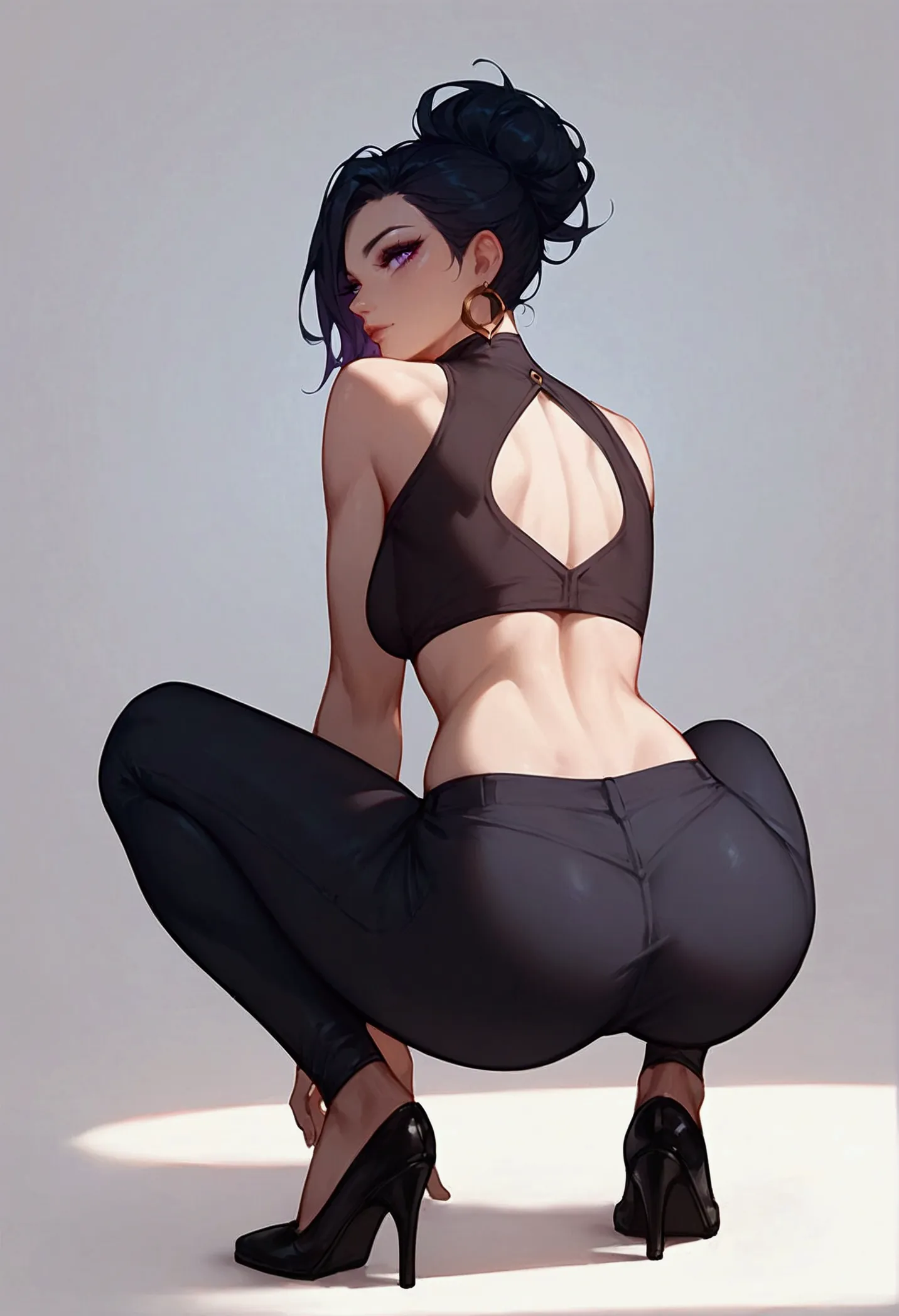 score_9, score_8_up, score_7_up, kai'sa (league of legends), 1 girl, purple eyes, black hair, sexy, full body, squinty eyes, ear...