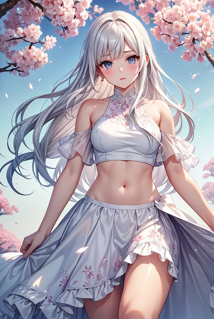 best quality:1.5), (ultra-detailed:1.5), (()), ((best quality)), (high resolution), (illustration), (an extremely delicate and beautiful), (ultra detailed beautiful face and eyes), 1girl, leaning forward sharp focus, ray tracing, 1girl, silky hair, multicolored hair, White hair(inner color Cherry blossom )、background(sakura tree, day light), eye color(White pink, high definition, inner eye sakura),volumetric lightning, Feet, chest emphasis, Toes, Full body painting、Abdominal muscles、Exposed belly、Hip emphasis、Groin、shin、Lift your butt、Abdominal muscles強調、looking_all(score_9:1.2), (score_8_up:1.2), (score_7_up:1.2),Alone,Perfect anatomy,(one cute girl:1.3),(line art:1.3),(Soft atmosphere:1.3),perfect anatomy,(A soft anime-style image capturing a delicate and ephemeral atmosphere),Enhance the anime screencap by adding a watercolor background, further elevating the dreamy and ethereal aesthetic. This scene, now rendered in 16k wallpaper resolution, merges the delicate beauty of the girl with pale skin and white hair with a soft, lush watercolor landscape. The big, intricately designed dress and her captivating eyes are set against a backdrop that mimics the fluid, blending colors of a watercolor painting, adding a layer of artistic depth and emotion. The perspective from above at a dutch angle, combined with the watercolor effect, creates a composition that feels like a floating, dream-like world, glowing aura around her are now part of a canvas that blends reality with imagination, inviting the viewer to step into a tranquil world of soft hues and poetic beauty, all encapsulated within a serene, watercolor dream,break,(best quality:1.3),(best masterpiece:1.3),(very aesthetic:1.2),(absurdres:1.2),newest,(intricate details:1.2),ai-generated,absurdres extremely detailed CG,depth of field,dynamic angle,dynamic pose